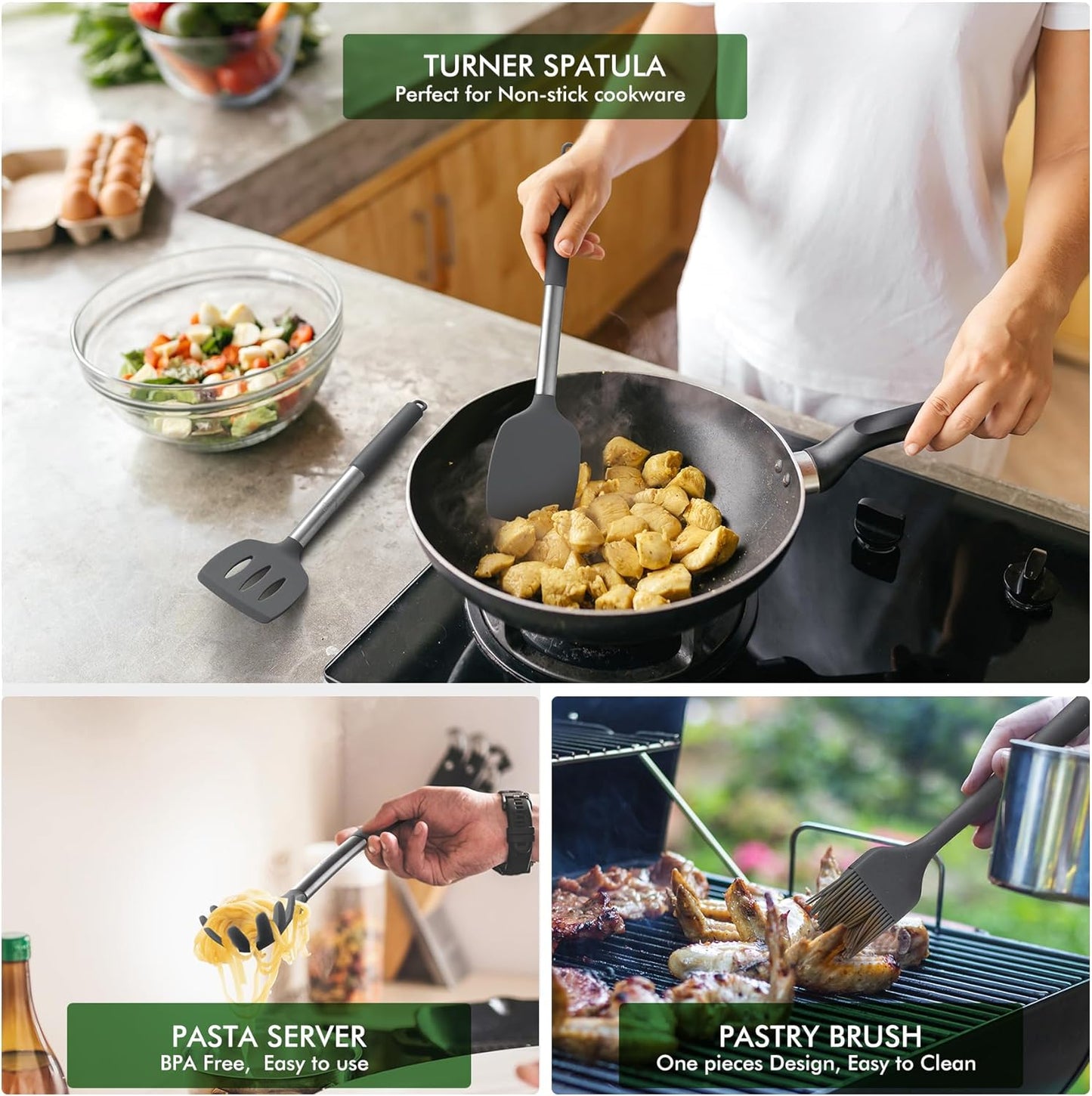 HOTEC 446°F Heat Resistant Silicone Kitchen Utensils, Cooking Utensil Set, Spatula Set, BPA Free, Kitchen Gadgets, With Stainless Steel Utensils Holder, Dishwasher Safe 14pcs Khaki