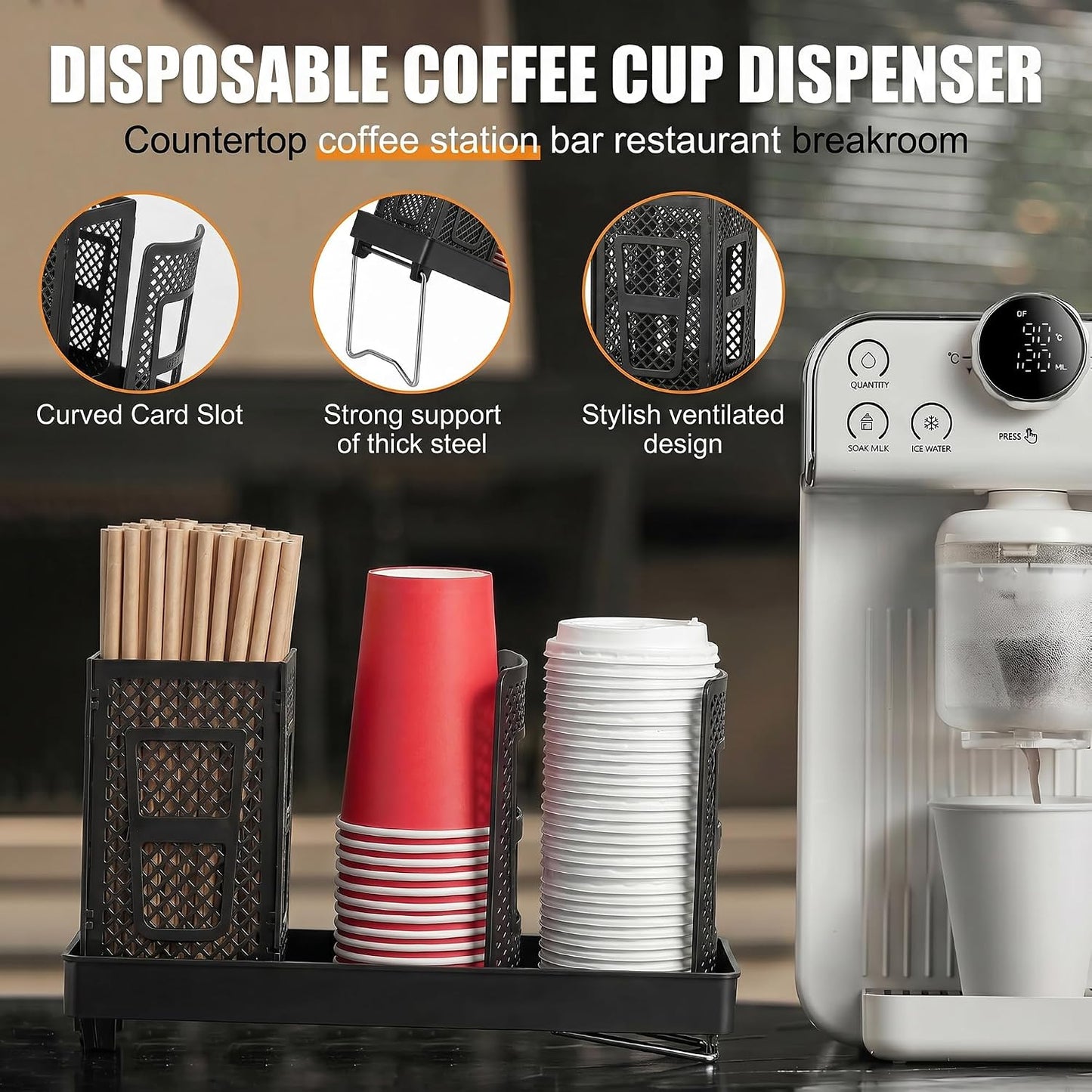 Paper Cup and Lid Holder, Disposable Coffee Cup Dispenser, 3-Slot Upright Paper Cup Dispenser for Coffee Stations, Kitchens, Bars, Restaurants, Lounges (Black)