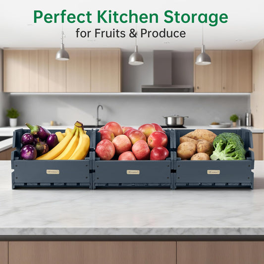 HABAU Wood Potato Onion Storage Bins - Wooden Stackable Produce Basket - Fruit Vegetable Storage for Kitchen Pantry Organization, Set 3 Pieces
