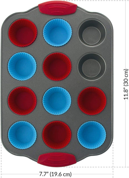 Boxiki Kitchen Non-Stick 12 Cup Silicone Muffin Pan with Steel Frame - BPA Free, Non-Toxic, Anti-Warp, Durable & Easy to Pop Silicone Muffin Tin - Perfect Cupcake Pan