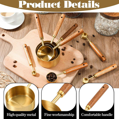 SHENLIU 8 Pcs Measuring Cups and Spoons Set, Black Stainless Steel Measuring Cups with Wooden Handle, Metal Measurings Spoons Set Nesting Kitchen Measure for Kitchen Baking