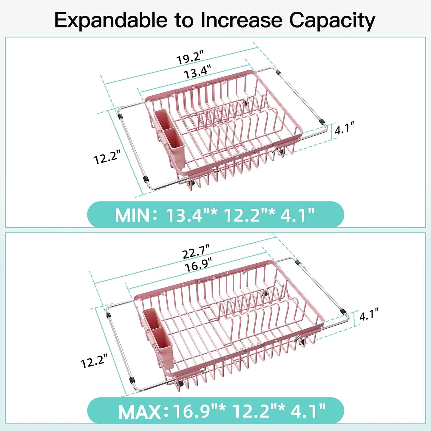 JASIWAY Dish Drying Rack in Sink, Expandable Stainless Steel Dish Drainers for Kitchen Counter, Dish Dryer Rack for Inside Sink, Over The Sink Dish Racks with Utensil Holder, Silver