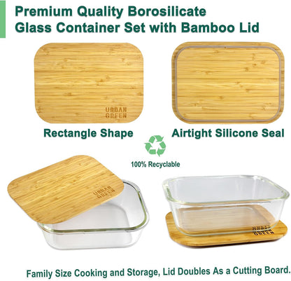 Urban Green Glass Food Container with Bamboo Lid, Airtight food storage Containers set, Glass Meal Prep Containers Set of 5, Dishwasher & Oven Safe