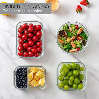 COOK WITH COLOR Premium 32-Pc. Borosilicate Glass Food Container Set with Dividers - 4 Rectangles, 8 Rounds, 4 Squares - Leakproof Lids - Meal Prep, Storage, Grey