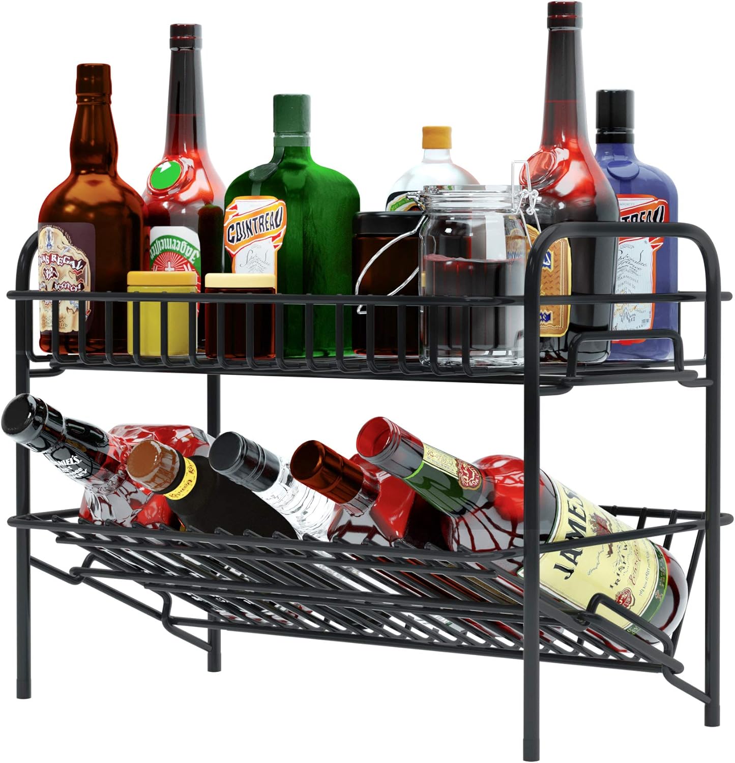 HengLiSam Spice Rack Organizer for Countertop, Heavy Duty Full Solid Metal Kitchen Shelves, 2 Tier Liquor Shelves Freestanding Holder Storage for Kitchen Cabinet Pantry Bottle Rack for Bathroom, Black