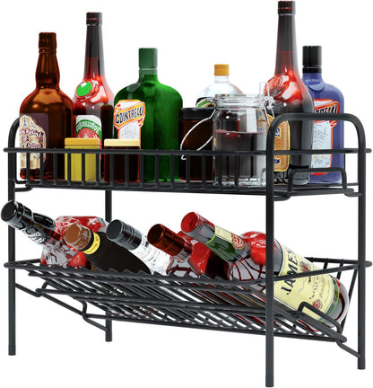HengLiSam Spice Rack Organizer for Countertop, Heavy Duty Full Solid Metal Kitchen Shelves, 2 Tier Liquor Shelves Freestanding Holder Storage for Kitchen Cabinet Pantry Bottle Rack for Bathroom, Black