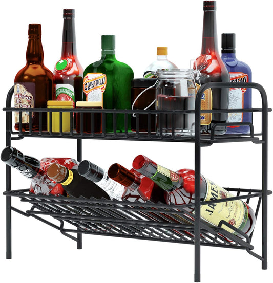 HengLiSam Spice Rack Organizer for Countertop, Heavy Duty Full Solid Metal Kitchen Shelves, 2 Tier Liquor Shelves Freestanding Holder Storage for Kitchen Cabinet Pantry Bottle Rack for Bathroom, Black