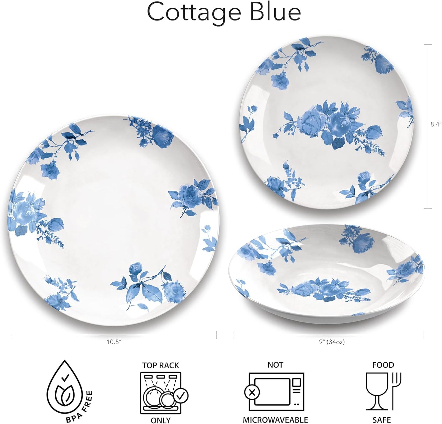 Cottage Blue 12.9'' x 6.9'' Serving Platter, Durable, Shatter-Resistant, and Dishwasher Safe Melamine Platter for Appetizers, Main Courses, Desserts, or Cheeses - White