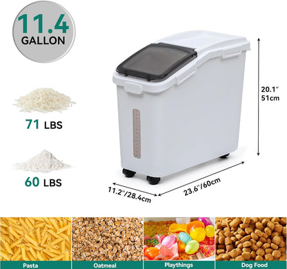 YITAHOME Large Flour Storage Container Ingredient Bins, 11.4-Gallon Rice Food storage Containers Bins with Wheels, Scoop and Airtight Lid for Bulk Rice, Cereal Grain, Sugar, White