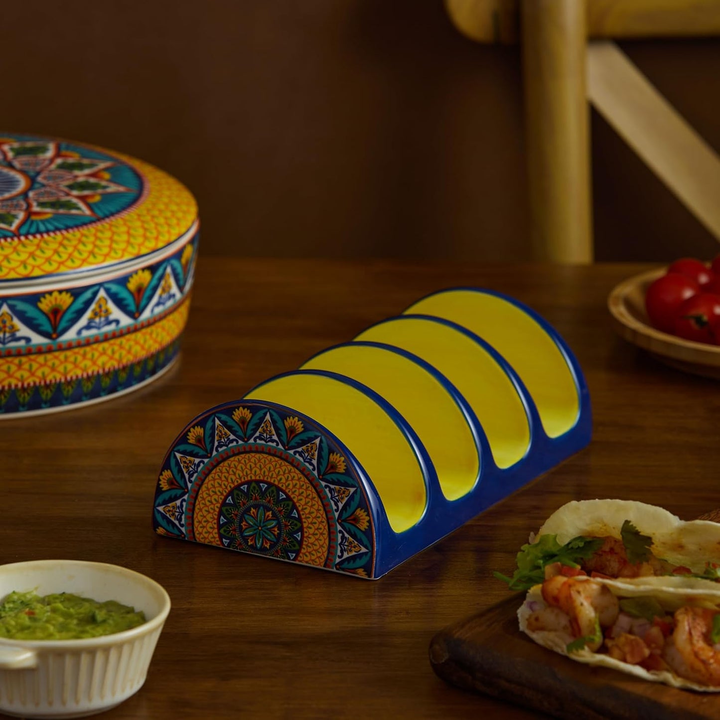 Bico Blue Talavera Ceramic Taco Holder, Taco Stand Rack Tray, Microwave and Dishwasher Safe