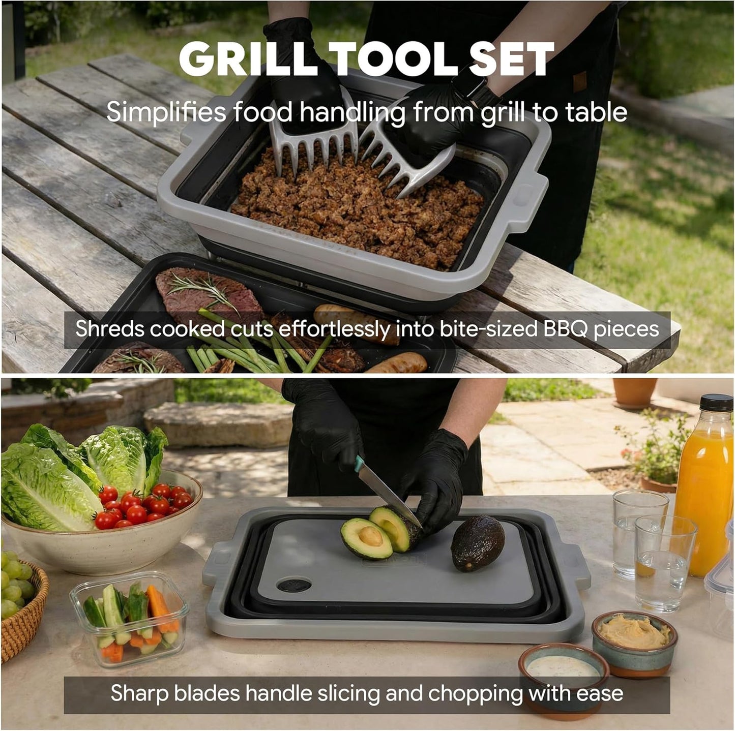 Feasto Collapsible BBQ Prep Tubs with Cutting Board, 9-IN-1, 2 Tubs Portable Grill Prep Station with Side Brackets, Lids, Knives, Meat Claws and Drain Rack, Space-Saving for Kitchen & Camping, Black