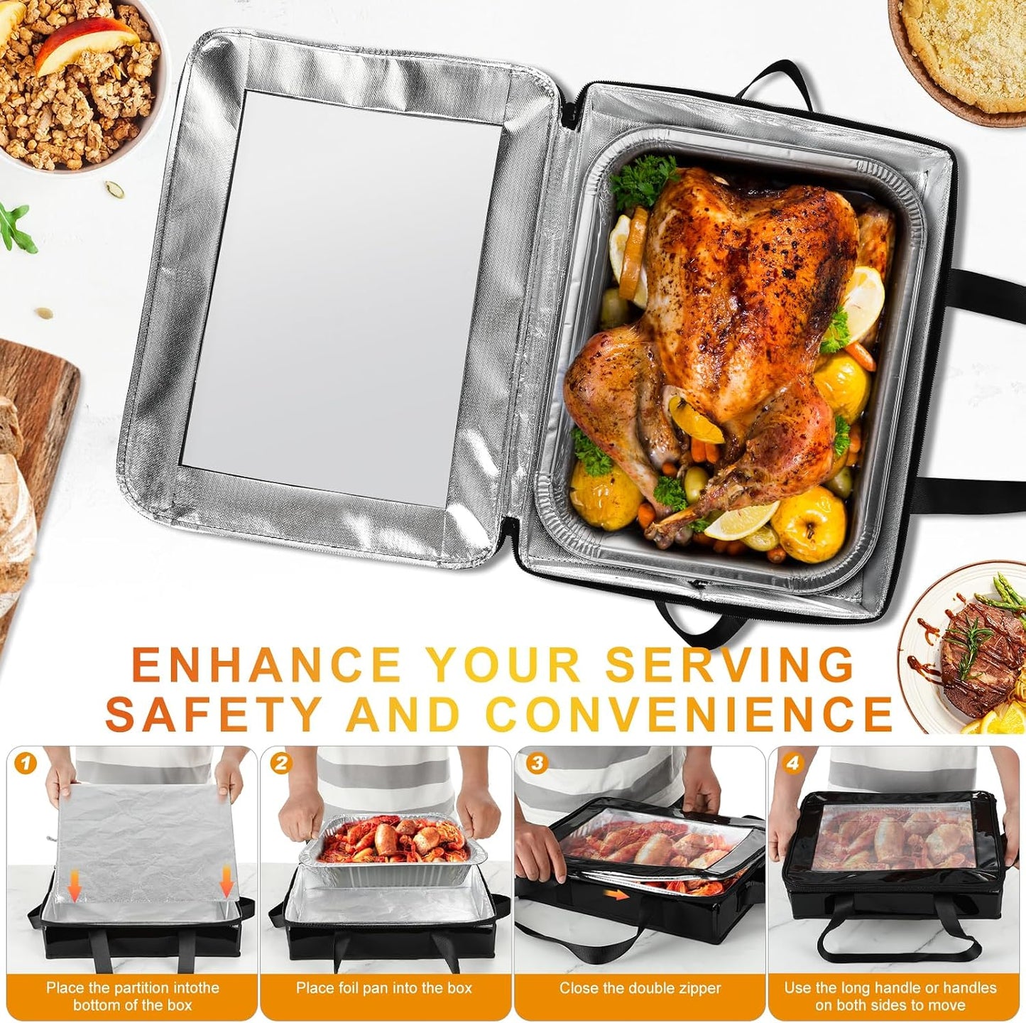 2 Pack Foil Pan Carrier with Clear Lid, PU Leather Aluminum Pan Holders with Long Handle,Serving Tray for Food,Insulated Casserole Carrier for Travel,Picnic,Parties,Fits 9"x13" Baking Dish (2, Black)