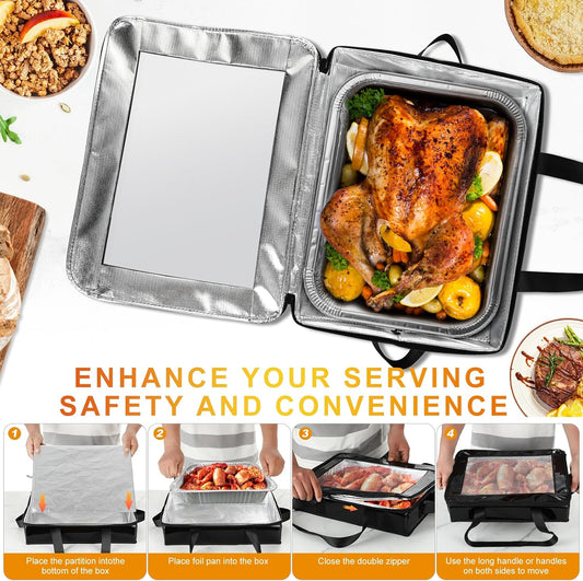 2 Pack Foil Pan Carrier with Clear Lid, PU Leather Aluminum Pan Holders with Long Handle,Serving Tray for Food,Insulated Casserole Carrier for Travel,Picnic,Parties,Fits 9"x13" Baking Dish (2, Black)