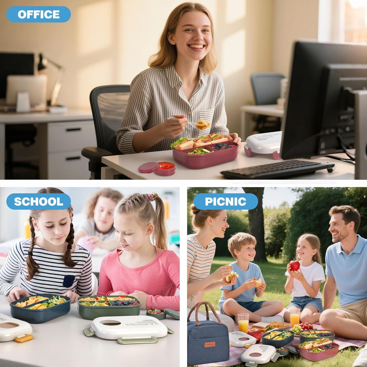 Lunch Bento Box Set - 3 Compartment Containers for Kids and Adults,lunch box for women with Thermo Lunch Bag, Leak-Proof and BPA-Free - Built-in Utensil Set,Sauce - Dishwasher Safe-Claret