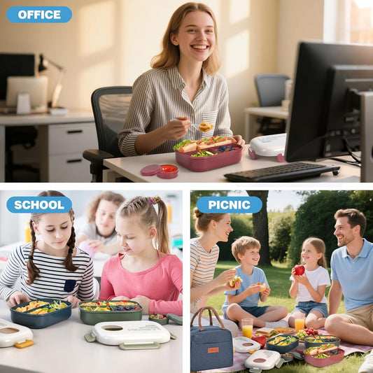Lunch Bento Box Set - 3 Compartment Containers for Kids and Adults,lunch box for women with Thermo Lunch Bag, Leak-Proof and BPA-Free - Built-in Utensil Set,Sauce - Dishwasher Safe-Claret