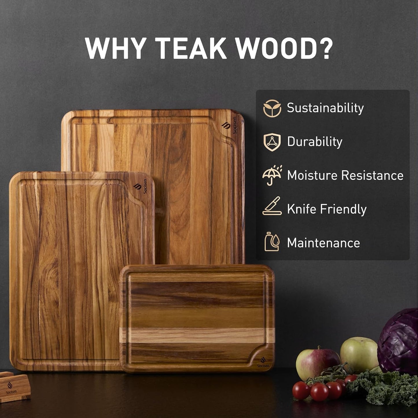 4 Pack Teak Wood Cutting Board Set for Kitchen Heavy Duty Non Toxic Non Slip Solid Thick Wood Haus Chopping Board Extra Large Big Small Meat Best Essential House Warming Hostess Host Gift