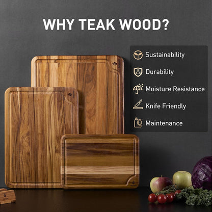 4 Pack Teak Wood Cutting Board Set for Kitchen Heavy Duty Non Toxic Non Slip Solid Thick Wood Haus Chopping Board Extra Large Big Small Meat Best Essential House Warming Hostess Host Gift