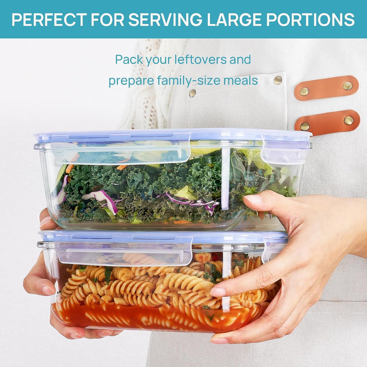 Vtopmart 2Pack 1860ml/63oz Large Glass Storage Containers with Lids, Meal Prep Food Container Set with Snap Airtight Lid for Baking, Microwave, Oven, Leak Proof, for Freezer, Dishwasher, Grey