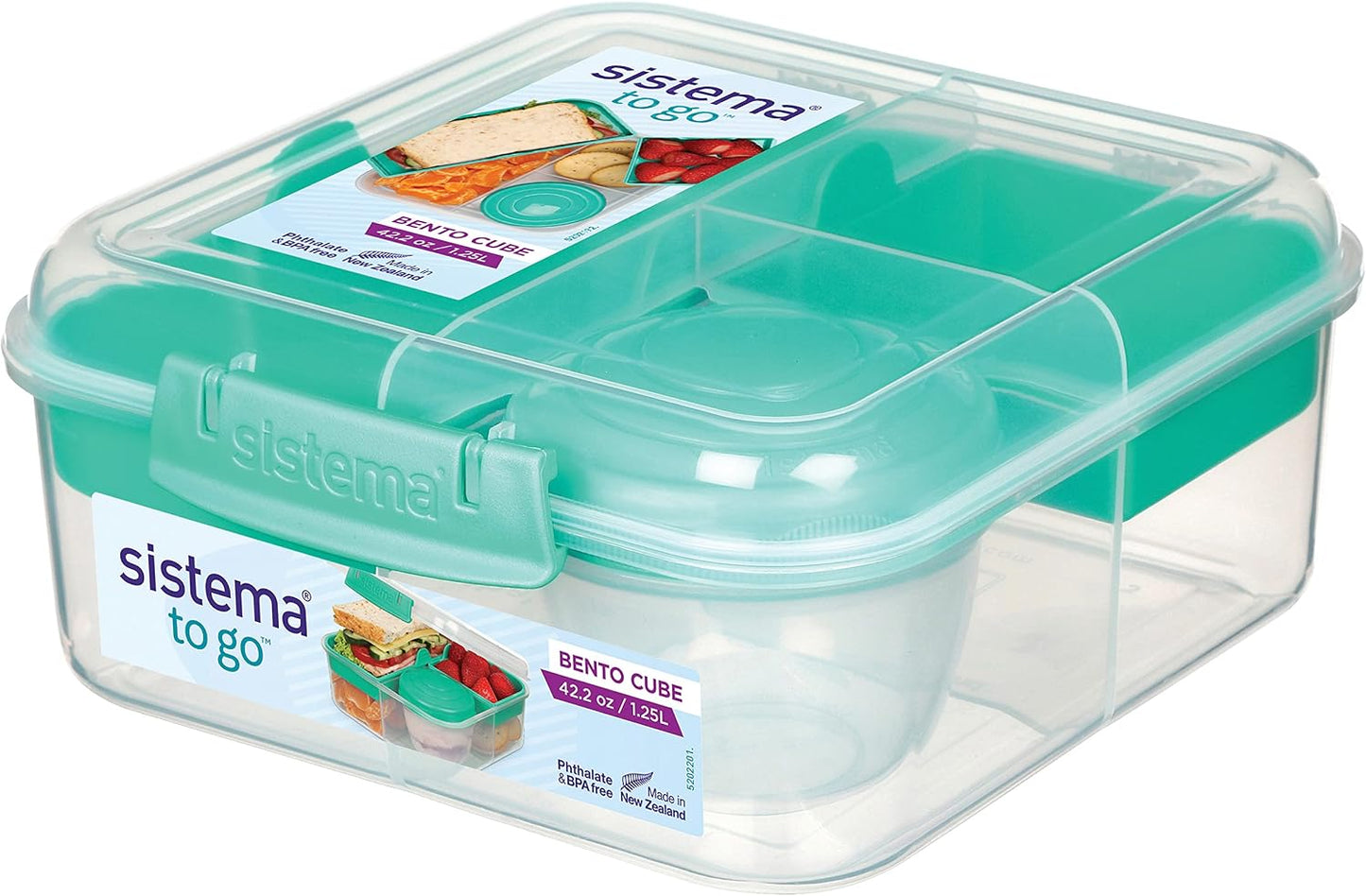 Sistema Bento Box Adult Lunch Box with 3 Compartments, 2 Removable Trays, and Salad Dressing Container, Dishwasher Safe, Color May Vary, 42 oz./1.25L Size (Pack of 4)