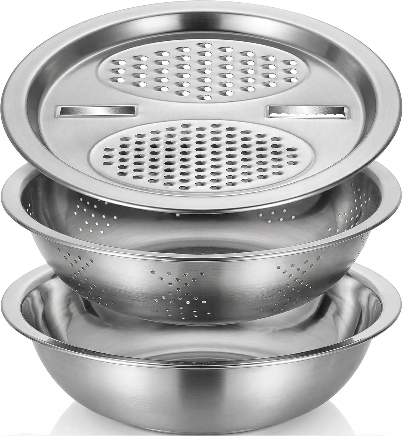 3 Pcs Multifunctional Stainless Steel Grater Bowl Set, 30 cm/11.8 in Large Mixing Basin, Colander for Kitchen Food Prep, Versatile Grater Lid, Induction Cooktop Compatible