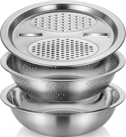 3 Pcs Multifunctional Stainless Steel Grater Bowl Set, 30 cm/11.8 in Large Mixing Basin, Colander for Kitchen Food Prep, Versatile Grater Lid, Induction Cooktop Compatible