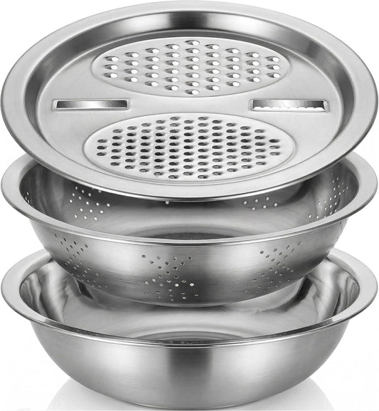 3 Pcs Multifunctional Stainless Steel Grater Bowl Set, 30 cm/11.8 in Large Mixing Basin, Colander for Kitchen Food Prep, Versatile Grater Lid, Induction Cooktop Compatible