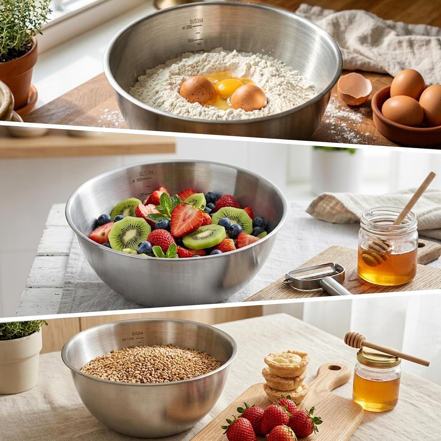 Stainless Steel Mixing Bowls Set of 3，Nesting Metal Prep Bowls with Interior Measurement Marks for Baking, Cooking & Food Storage - Space Saving, Rust-Proof & Dishwasher Safe