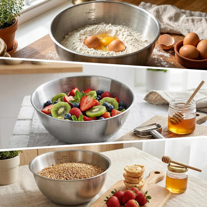 Stainless Steel Mixing Bowls Set of 3，Nesting Metal Prep Bowls with Interior Measurement Marks for Baking, Cooking & Food Storage - Space Saving, Rust-Proof & Dishwasher Safe