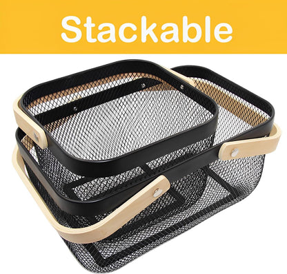 Cheardia 2 Pack Picnic Baskets, Metal Mesh Harvest Basket with Foldable Wooden Handle, Rectangle Garden Storage Basket Bin for Vegetable Fruit Garden Kitchen Cabinet Picking Gathering