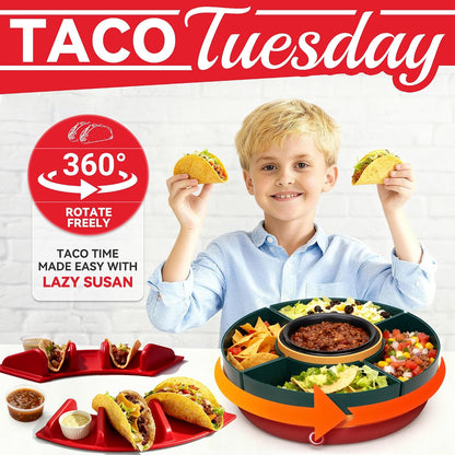 SugarWhisk Lazy Susan Taco Bar & Condiment Containers with Lids, 4 Taco Holders for Taco Tuesday Kit, Fondue Pot for Taco Bell Sauce, Burritos, Nachos, and Fajitas, Brown