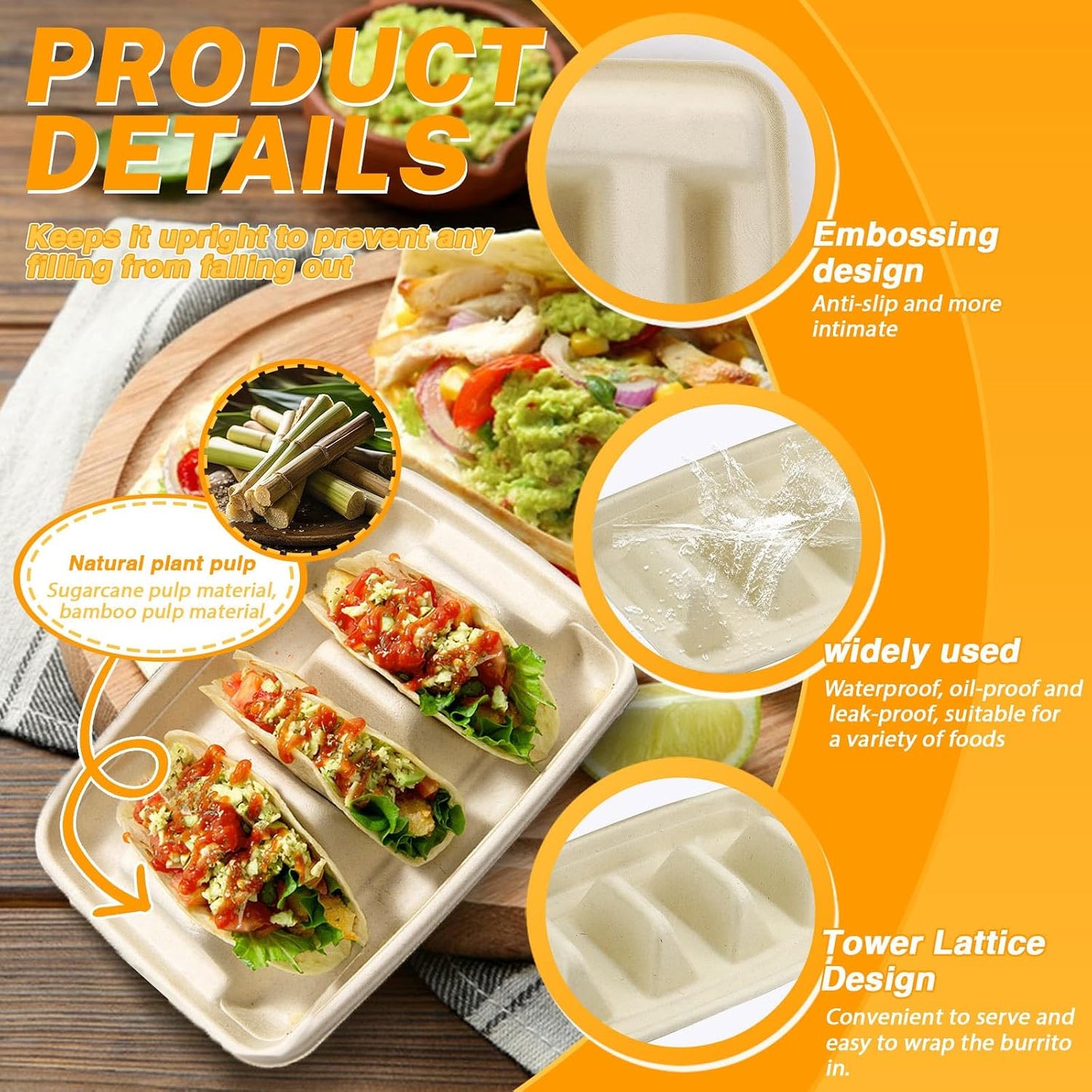 Disposable Taco Holder, Paper Taco Plates with 3 Dividers, Fiesta Tray Stand, Compartment Bar Serving Set for Tuesday Supplies (Pulp Fiber, Beige) (50 Pieces)
