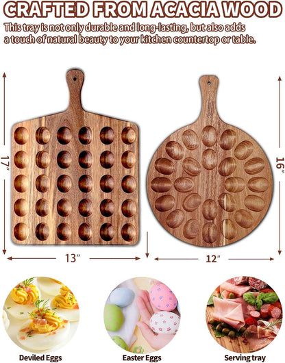 2-Pack 24 Holes Deviled Egg Platter,Acacia Wooden Round Deviled Egg Charcuterie Board Tray Holder Carrier with Handle for Kitchen Countertops