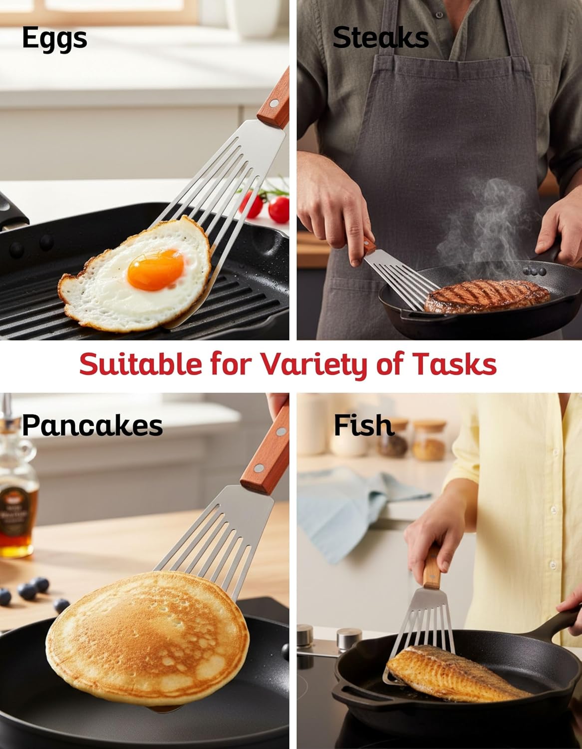Fish Spatula with Natural Wood Handle - 420 Stainless Steel Slotted Fish Turner for Frying, Grilling & Flipping - Professional 11-Inch Burger Turner, Steak & Pancake Spatula