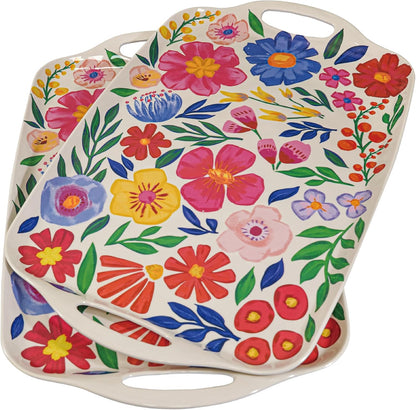 TP Large Serving Trays with Handles, 19" x 12" Melamine Serving Platters for Food, Turkey, Set of 2 Rectangular Trays for Party, Pure White