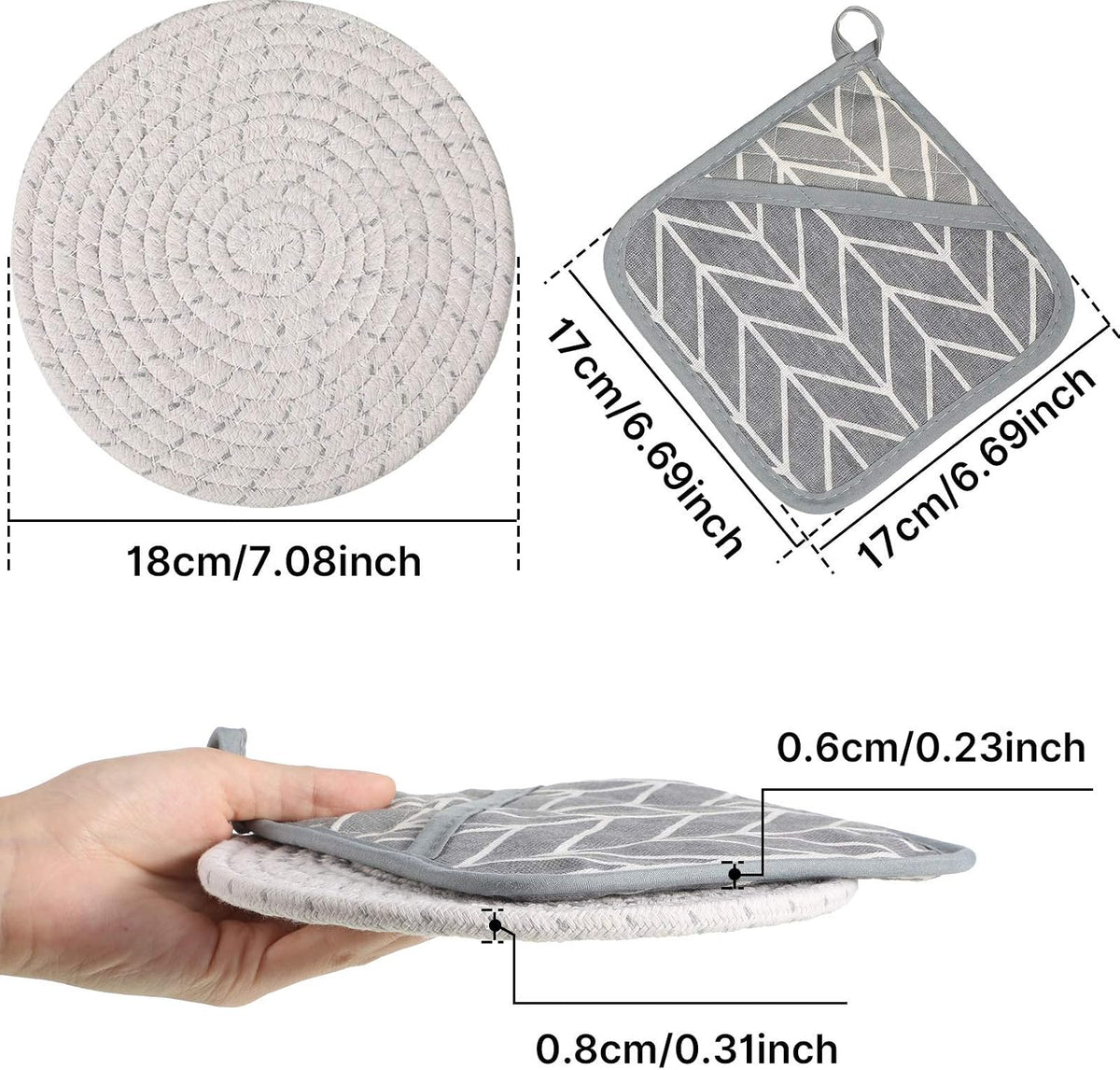 Patelai 7 Pcs Kitchen Pot Holders and Heat Resistant Pocket Mitt with Hanging Loop Washable Square Hot Pot Holder Round Woven Hot Pads for Kitchen Cooking Dinning Baking, Black, White and Gray