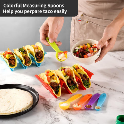Premium Taco Holder Stand, Colorful Large Taco Holders Set of 6 or 4, Taco Stands for 3 Tacos for Soft/Hard Shells, Street Taco Rack with Plates & Tray, Dishwasher & Microwave Safe