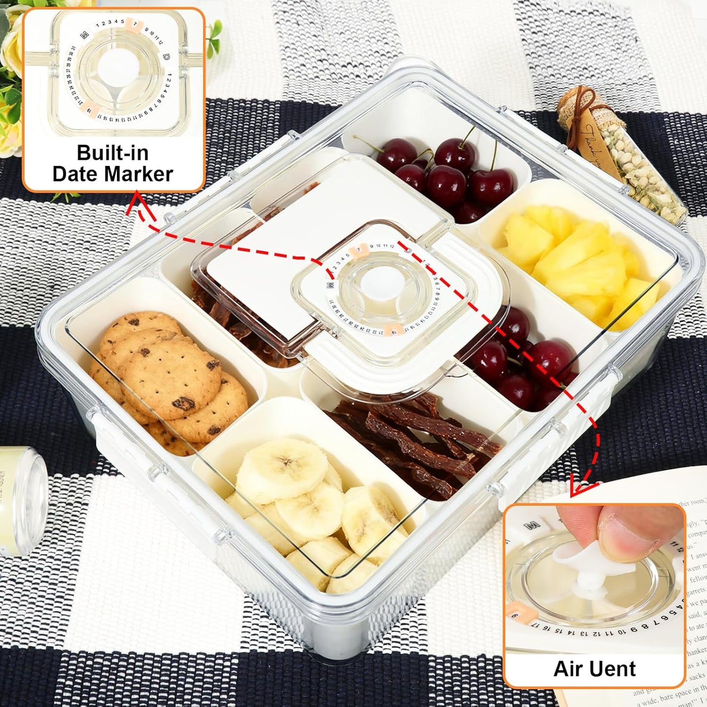 Snackle Box Containers, Travel Snack Box Container with Insulated Bag, 8 Compartments Divided Serving Snack Tray with Lid, Portable Snacklebox, Charcuterie Fruit Platterbox Keep Food Fresh for picinic