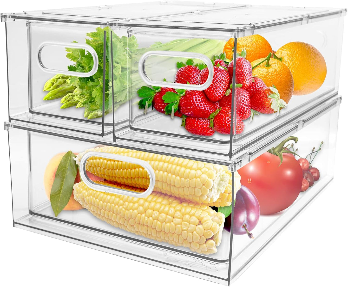 2 Pack Refrigerator Organizer Bins Stackable Fridge Organizer Set with Pull-out Drawer Clear Vegetable Fruit Storage Containers for Kitchen Pantry Organization