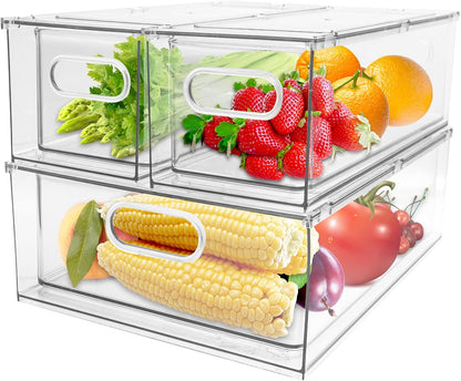 2 Pack Refrigerator Organizer Bins Stackable Fridge Organizer Set with Pull-out Drawer Clear Vegetable Fruit Storage Containers for Kitchen Pantry Organization