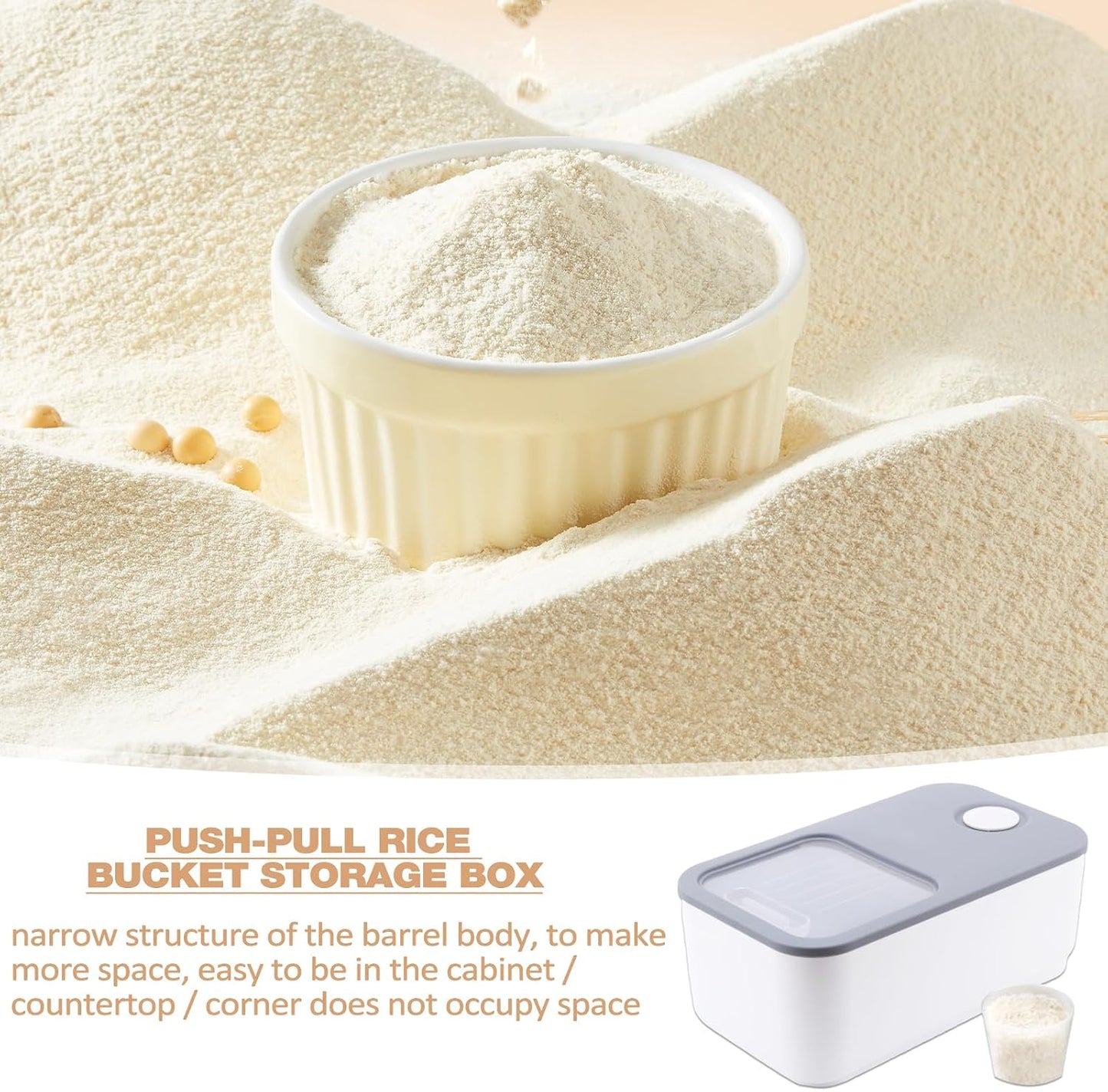 Rice Airtight Storage Containe,Rice Storage Container,Dry Food Storage, Lid 22 Lbs Push-Pull Rice Bucket, Flour Storage Container with Rolling Wheel, Grain Container Pantry Organization (Grey)