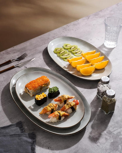 famiware Serving Platter, Oval 15.59/14.3/12.9inch Serving Dishes for Entertaining, Serving Bowls, Microwave Safe, Stoneware Serving Trays for Party, Food, Turkey, Cheese, Ocean Series, Vanilla White