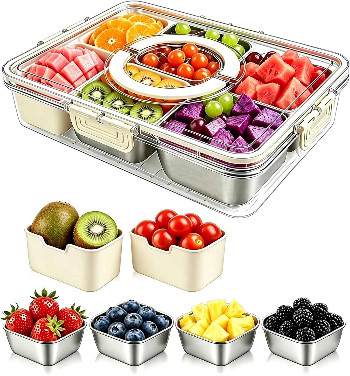 WanshengLe 6 in 1 Snackle Box 3.82L with Lid & Handle, 4 PCS Stainless Steel Snack Box and 2 PCS Plastic Box, 6 Detachable & Dishwasher Safe Snacklebox, Divided Container Box for Snack Fruit Nut