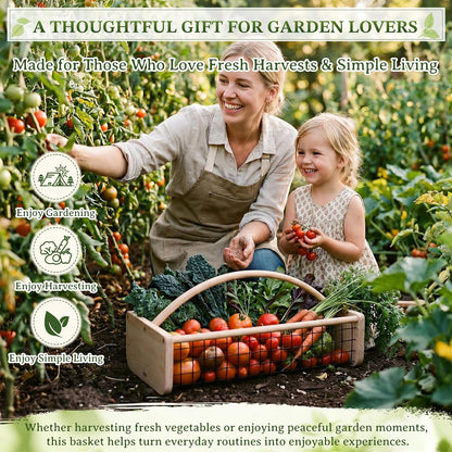 Garden Hod Harvest Basket, Wooden Garden Harvest Basket with Metal Mesh, Vegetable Gathering Basket for Fruit Picking, Rinse & Drain Gardening Basket for Kitchen, Picnic, Farmhouse Decor-Big