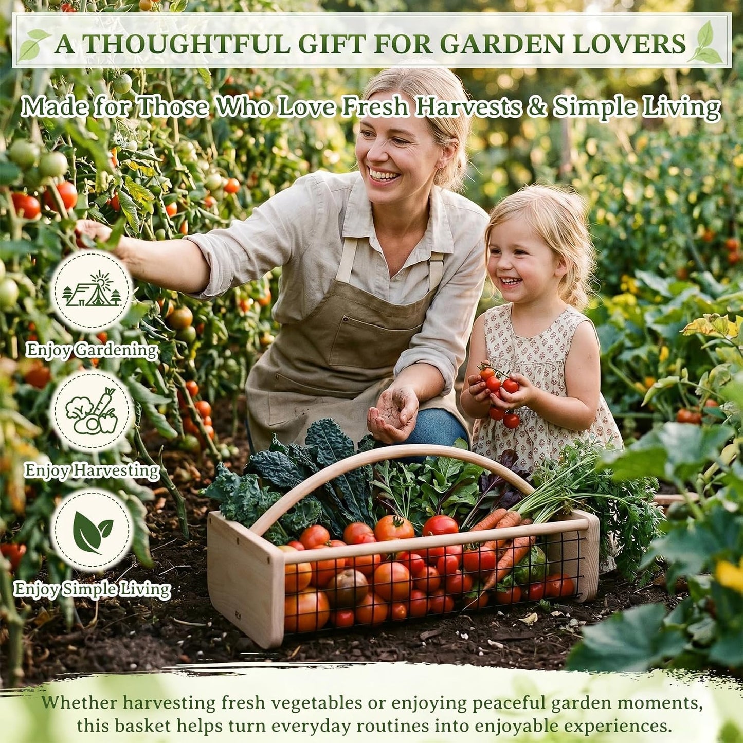 Garden Hod Harvest Basket, Wooden Garden Harvest Basket with Metal Mesh, Vegetable Gathering Basket for Fruit Picking, Rinse & Drain Gardening Basket for Kitchen, Picnic, Farmhouse Decor-Big