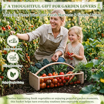 Garden Hod Harvest Basket, Wooden Garden Harvest Basket with Metal Mesh, Vegetable Gathering Basket for Fruit Picking, Rinse & Drain Gardening Basket for Kitchen, Picnic, Farmhouse Decor-Big