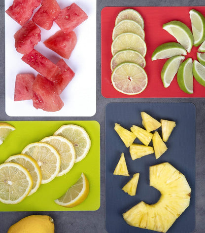 Dexas Heavy Duty Cutting Board Grippmat, Flexible Cutting Boards for Kitchen, Set of 4, Non Slip Plastic Board Cutting Mat 11.5 by 14 Inches Gray, Red, White and Green Set, Kitchen Gadgets