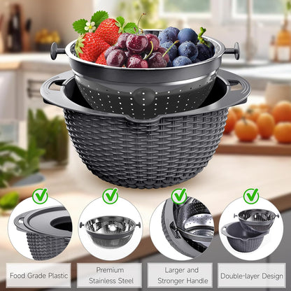 4-1 Colander with Bowl & Spoons Set - Rotatable Colander for kitchen with New Upgraded Graters, Food Strainer(Patented) for Pasta, Fruits, Vegetables, Funny Presents for Women, Beige