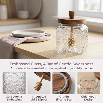 17 oz glass honey jar with wooden dipping spout and lid, sealed honey dispenser, kitchen wide mouthed honey pot, rural glass honey jar with dipping spout stick