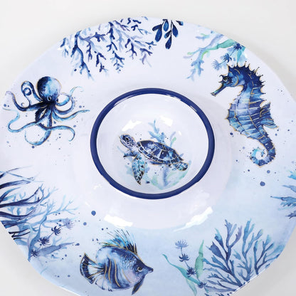 UP Sea Life Melamine Chip and Dip Serving Tray, Round Serving Platter for Chips, Salsa, Fruit, and Snacks, Multicolor, 13.5 Inch