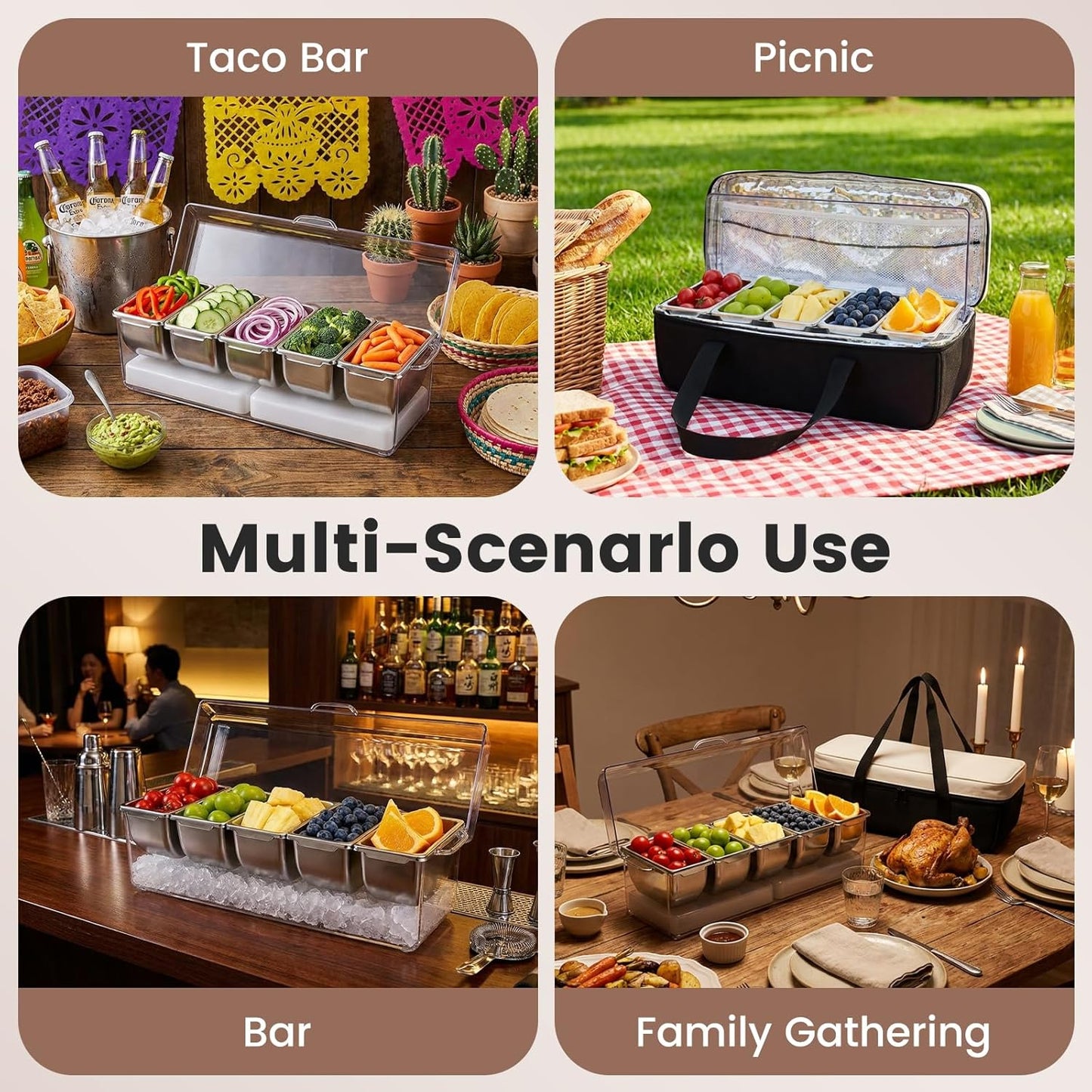 Chilled Condiment Caddy with 5 Stainless Steel Compartments – Condiment Containers with Lids, Serving Tray for Party, Bar, Salad, Taco & Fruit Garnish, Includes 2 Ice Packs, 5 Forks and 2 Tongs